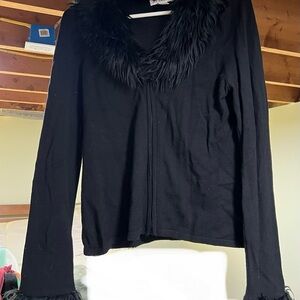 Black Faux-Fur Trim Long-Sleeve Women's Top by